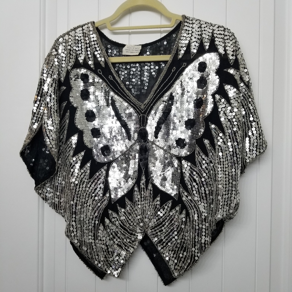 Hand Stitched Silk Sequined Butterfly Top